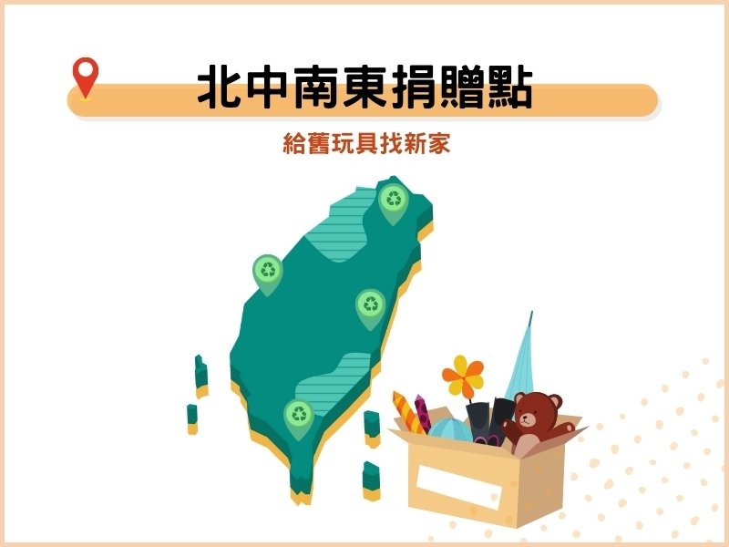 給舊玩具找新家，不要的玩具可以拿到以下地點：北中南東捐贈點